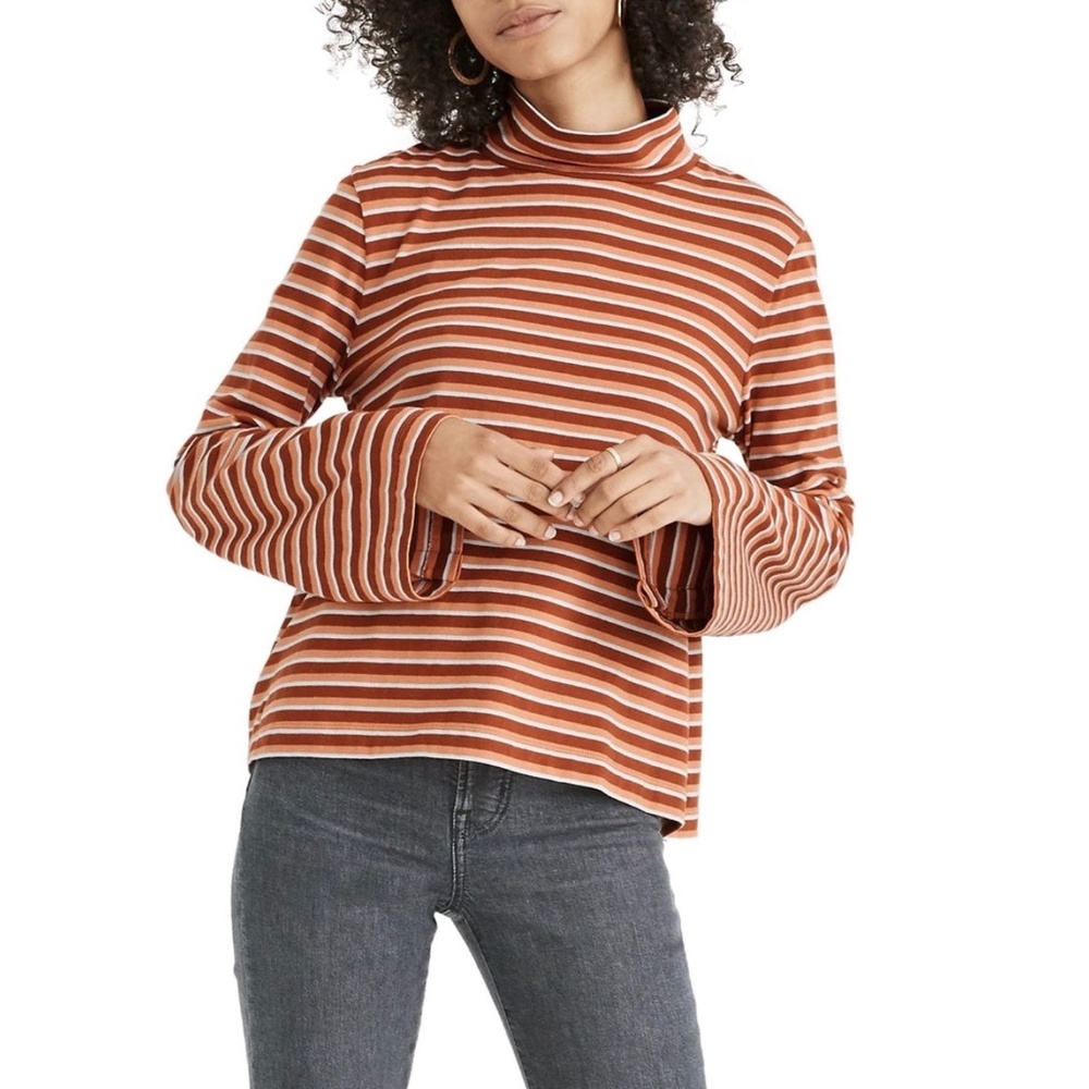 ✨NWT✨ MADEWELL Westwater Stripe Wide-Sleeve Turtleneck in Burnished Mahagony L